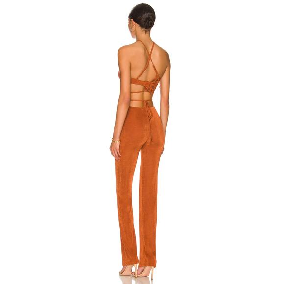 Superdown Irene Strappy Pant Set Brown Slinky Jersey 2pc Ruched Sheen Sz XL - Picture 5 of 13